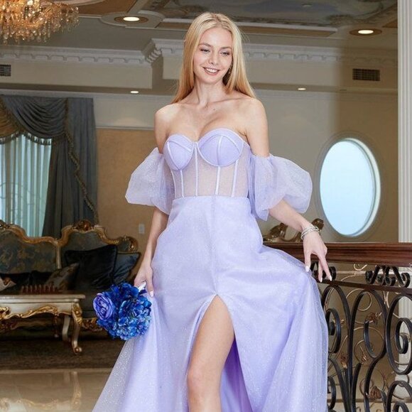 New A-Line Prom Gown w/Short Puff Sleeves & Glitter Sheer Boned Bodice TC L2793B - Picture 1 of 9
